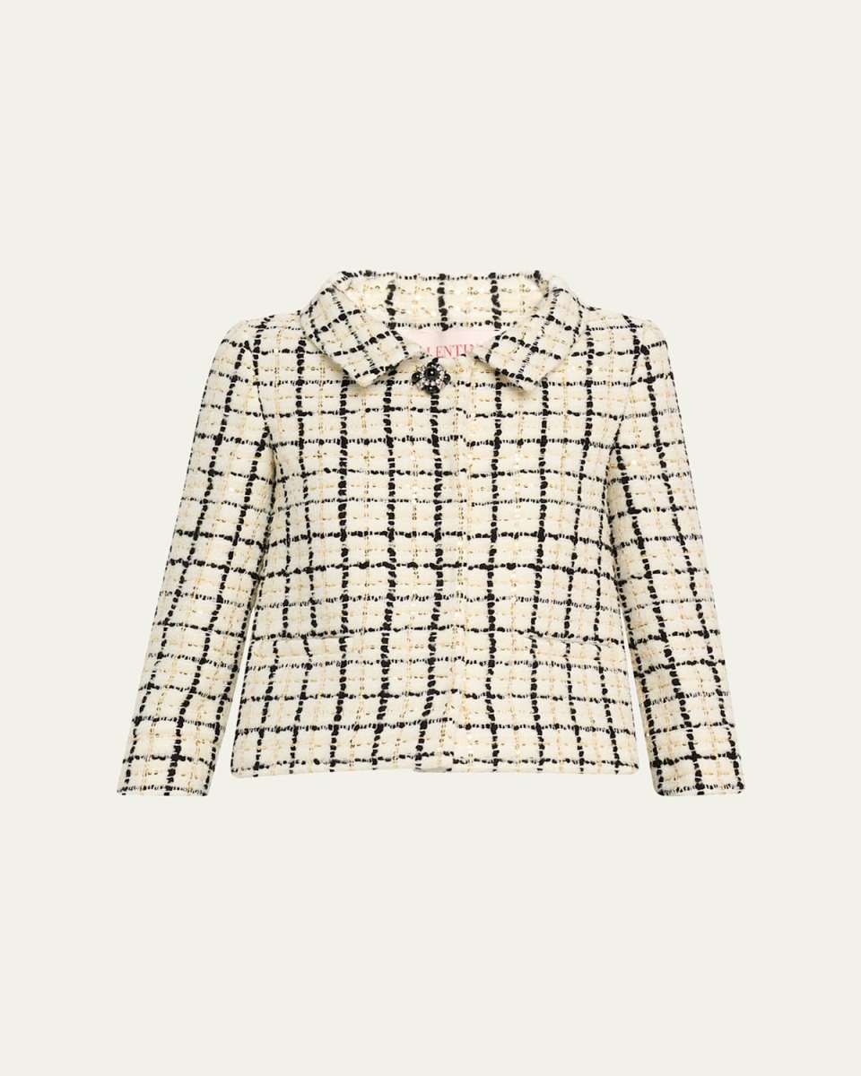 Check Three-Quarter Sleeve Tweed Jacket